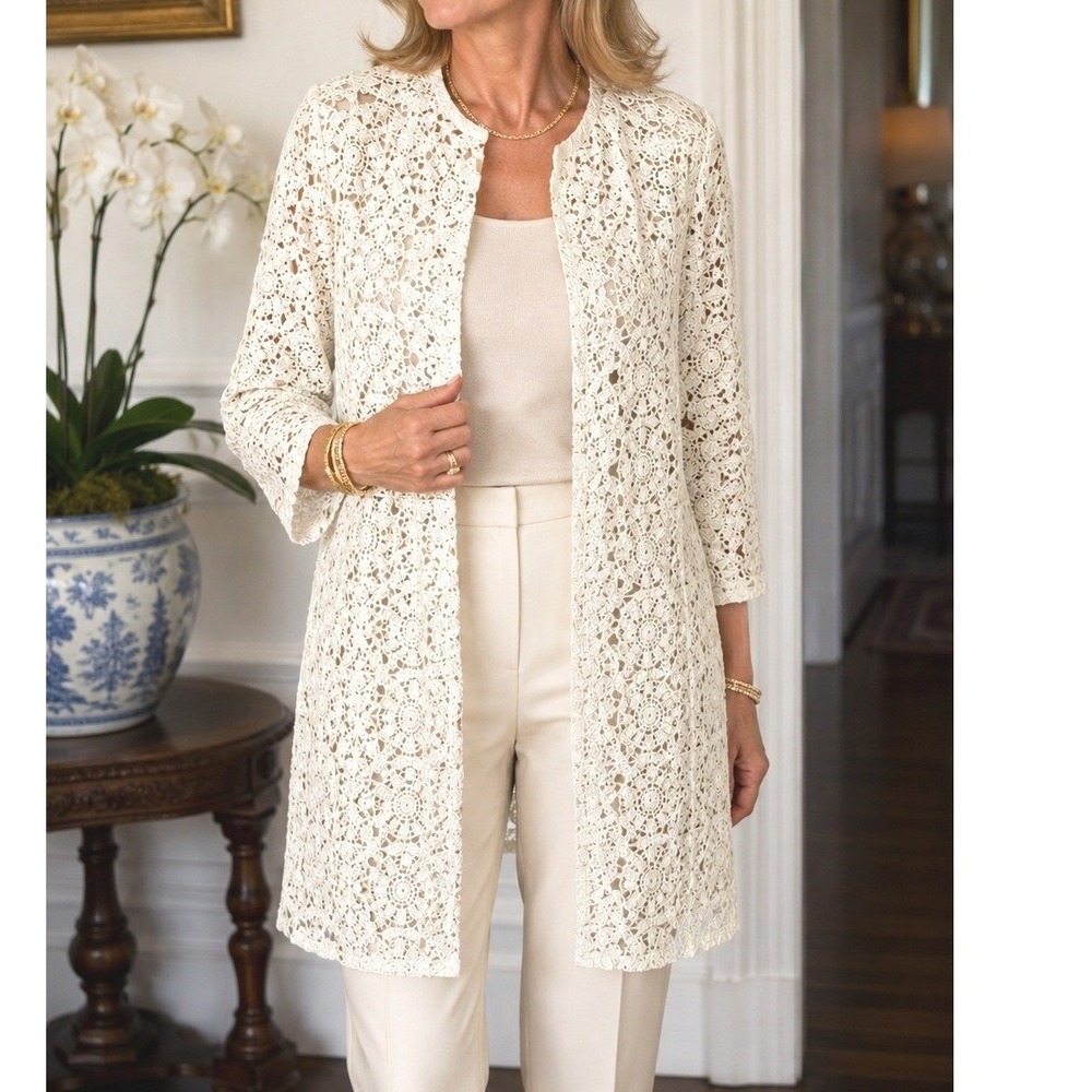Chico's NWT Travelers Collection Lace Ivory Open Front Old Money Quiet Luxury